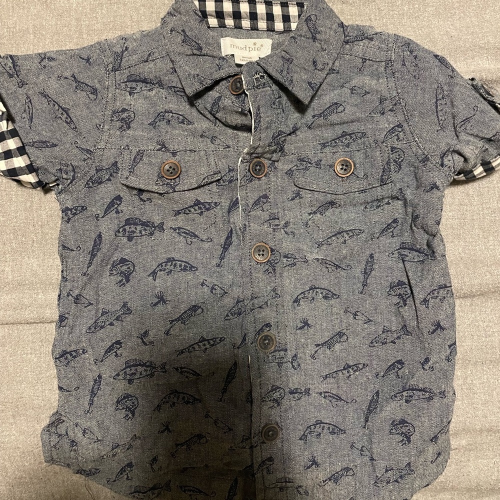 Mud Pie Baby Boys Chambray Fishing Resort Short Sleeve Button Down Shirt 12-18M